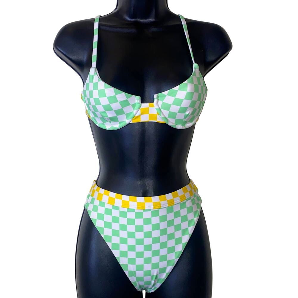 New XS Fashion Nova Retro Pinup Check Underwire Hight Cut Swimsuit Bikini Mint